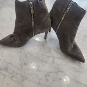 Michael Kors Grey Suede Pointed-Toe Ankle Boots with Side Zipper